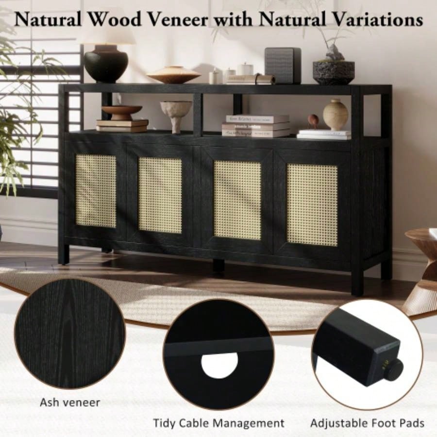 TREXM Bohemian Style Rattan Buffet Storage Cabinet with Solid Wood Frame, Sideboard with 3 - position Adjustable Shelves Living Dining Rooms, No - Handle Push - to - Open Design Black