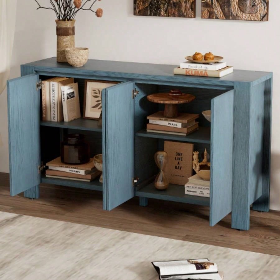 TREXM Buffet Cabinet with Storage, 4 - Door Retro Wood Sideboard with Distressed and Adjustable Shelves Dining Room, Kitchen, and Living Room Navy