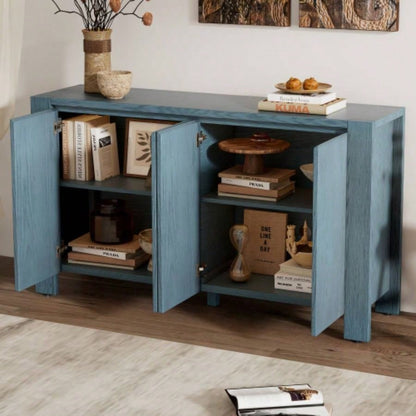 TREXM Buffet Cabinet with Storage, 4 - Door Retro Wood Sideboard with Distressed and Adjustable Shelves Dining Room, Kitchen, and Living Room Navy