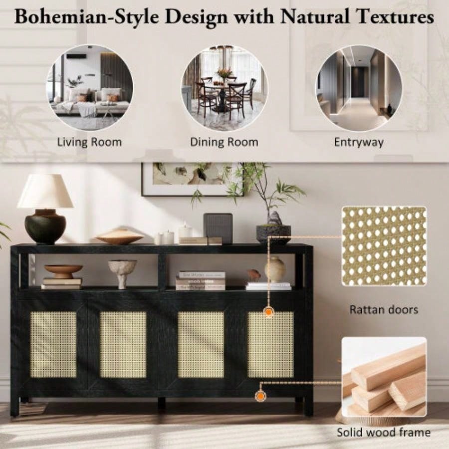 TREXM Bohemian Style Rattan Buffet Storage Cabinet with Solid Wood Frame, Sideboard with 3 - position Adjustable Shelves Living Dining Rooms, No - Handle Push - to - Open Design Black