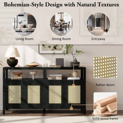 TREXM Bohemian Style Rattan Buffet Storage Cabinet with Solid Wood Frame, Sideboard with 3 - position Adjustable Shelves Living Dining Rooms, No - Handle Push - to - Open Design Black
