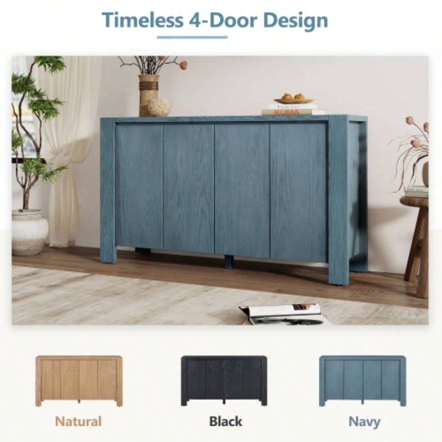 TREXM Buffet Cabinet with Storage, 4 - Door Retro Wood Sideboard with Distressed and Adjustable Shelves Dining Room, Kitchen, and Living Room Navy