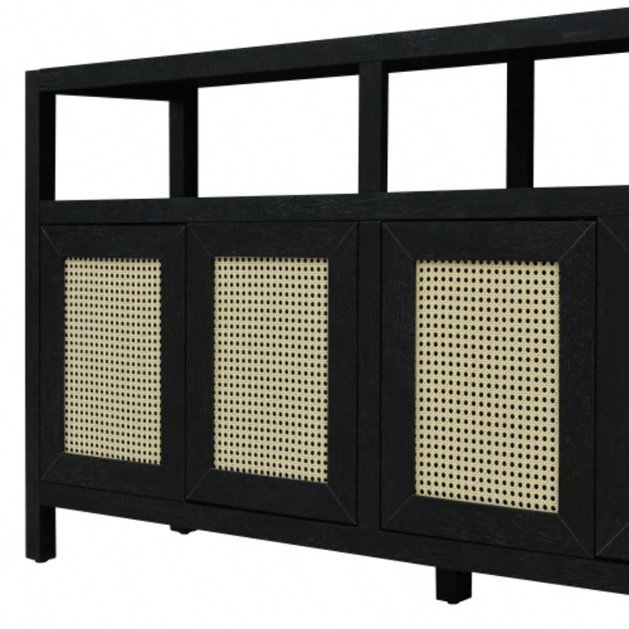 TREXM Bohemian Style Rattan Buffet Storage Cabinet with Solid Wood Frame, Sideboard with 3 - position Adjustable Shelves Living Dining Rooms, No - Handle Push - to - Open Design Black