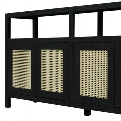 TREXM Bohemian Style Rattan Buffet Storage Cabinet with Solid Wood Frame, Sideboard with 3 - position Adjustable Shelves Living Dining Rooms, No - Handle Push - to - Open Design Black