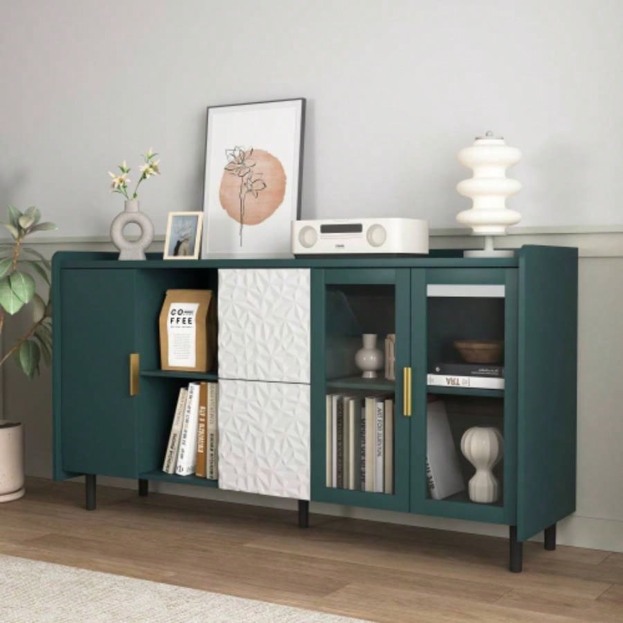 Modern Kitchen Pantry Storage Cabinet, 55 Coffee Bar Storage Cabinet with 2 Drawers, 2 Open Storage Compartment 2 Glass Doors, Wood Buffet Table Kitchen, Living Room, Green