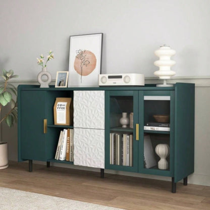 Modern Kitchen Pantry Storage Cabinet, 55 Coffee Bar Storage Cabinet with 2 Drawers, 2 Open Storage Compartment 2 Glass Doors, Wood Buffet Table Kitchen, Living Room, Green
