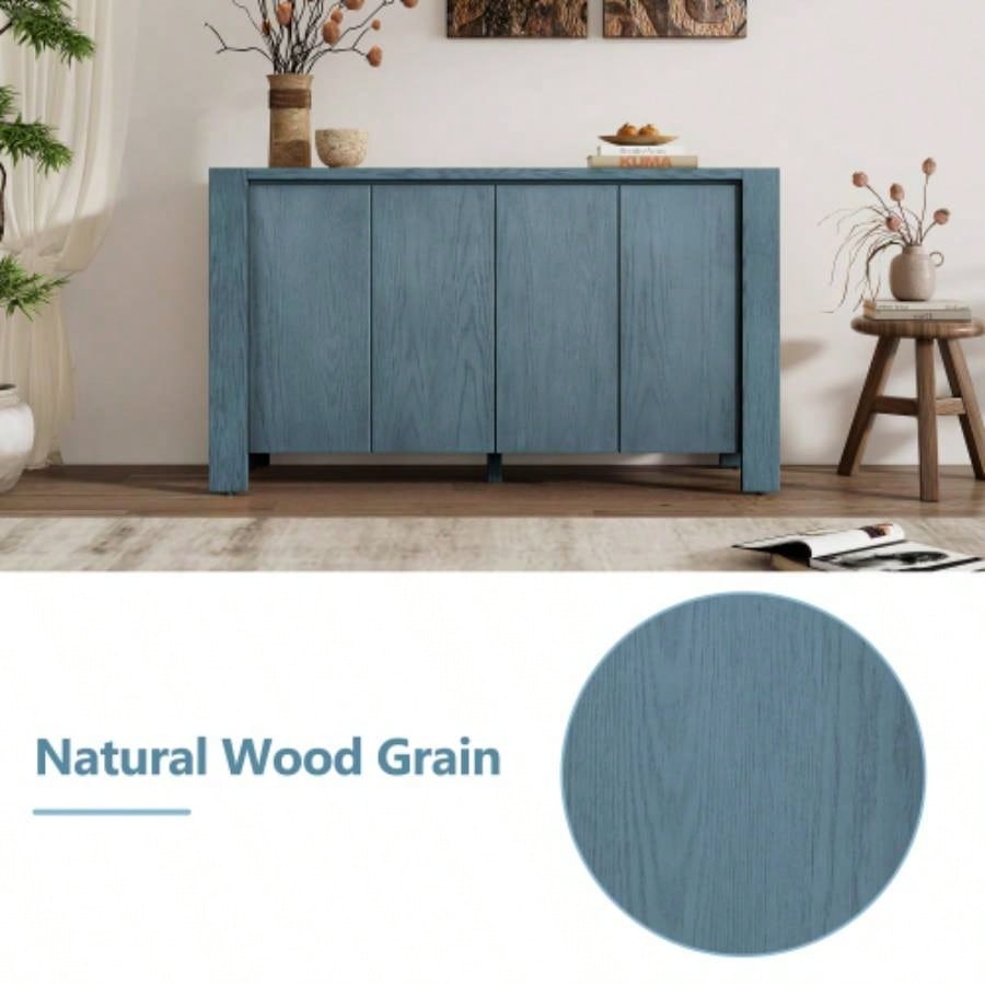 TREXM Buffet Cabinet with Storage, 4 - Door Retro Wood Sideboard with Distressed and Adjustable Shelves Dining Room, Kitchen, and Living Room Navy
