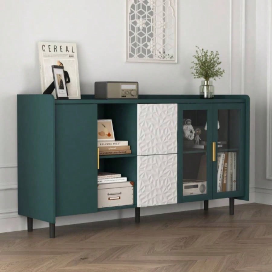 Modern Kitchen Pantry Storage Cabinet, 55 Coffee Bar Storage Cabinet with 2 Drawers, 2 Open Storage Compartment 2 Glass Doors, Wood Buffet Table Kitchen, Living Room, Green