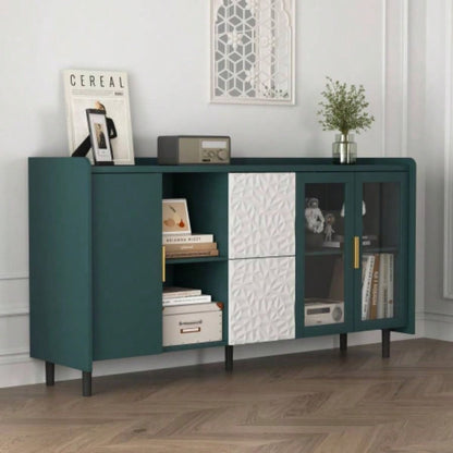 Modern Kitchen Pantry Storage Cabinet, 55 Coffee Bar Storage Cabinet with 2 Drawers, 2 Open Storage Compartment 2 Glass Doors, Wood Buffet Table Kitchen, Living Room, Green
