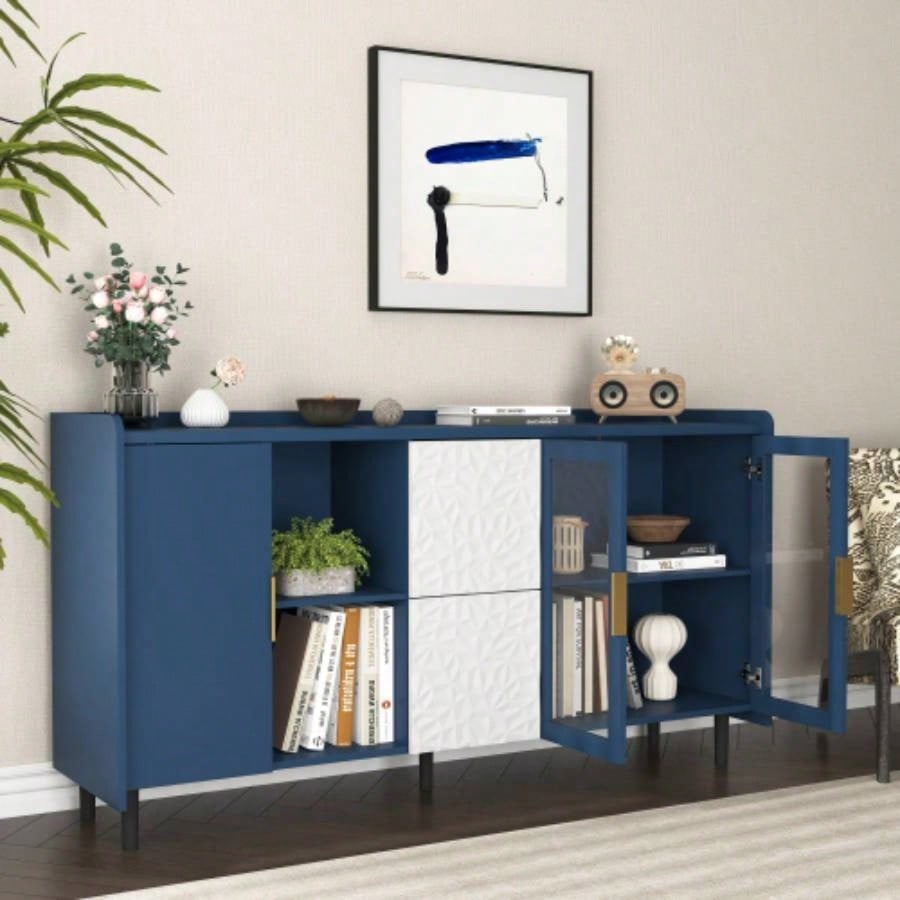 Modern Kitchen Pantry Storage Cabinet, 55 Coffee Bar Storage Cabinet with 2 Drawers, 2 Open Storage Compartment 2 Glass Doors, Wood Buffet Table Kitchen, Living Room, Blue