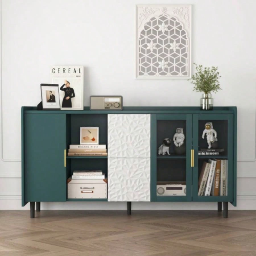 Modern Kitchen Pantry Storage Cabinet, 55 Coffee Bar Storage Cabinet with 2 Drawers, 2 Open Storage Compartment 2 Glass Doors, Wood Buffet Table Kitchen, Living Room, Green