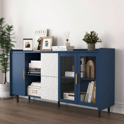 Modern Kitchen Pantry Storage Cabinet, 55 Coffee Bar Storage Cabinet with 2 Drawers, 2 Open Storage Compartment 2 Glass Doors, Wood Buffet Table Kitchen, Living Room, Blue