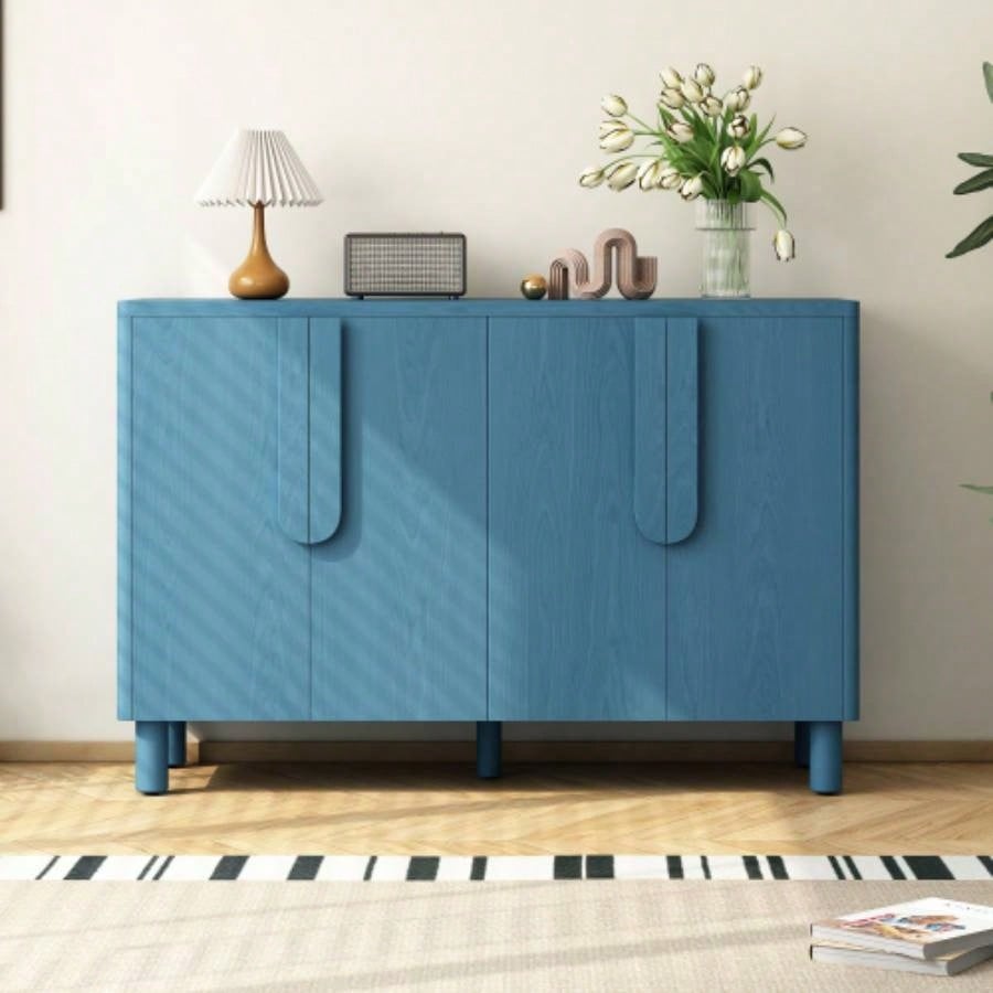 TREXM 4 - Door Buffet Cabinet with Storage, Wood Sideboard Cabinet with Unique Handles and Adjustable Shelves Dining Room, Kitchen, and Living Room Navy