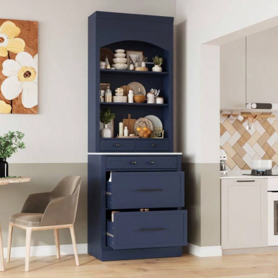 Assembly Video Provided TOPMAX Modern 83.7inch High Kitchen Pantry, Freestanding Tall Kitchen Hutch with Faux Marble Top, Display Cupboard Cabinet with 5 Storage Drawers and Adjustable Shelf, Blue