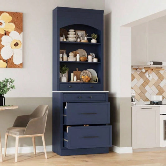 Assembly Video Provided TOPMAX Modern 83.7inch High Kitchen Pantry, Freestanding Tall Kitchen Hutch with Faux Marble Top, Display Cupboard Cabinet with 5 Storage Drawers and Adjustable Shelf, Blue