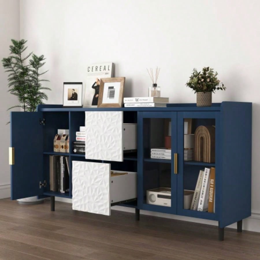 Modern Kitchen Pantry Storage Cabinet, 55 Coffee Bar Storage Cabinet with 2 Drawers, 2 Open Storage Compartment 2 Glass Doors, Wood Buffet Table Kitchen, Living Room, Blue