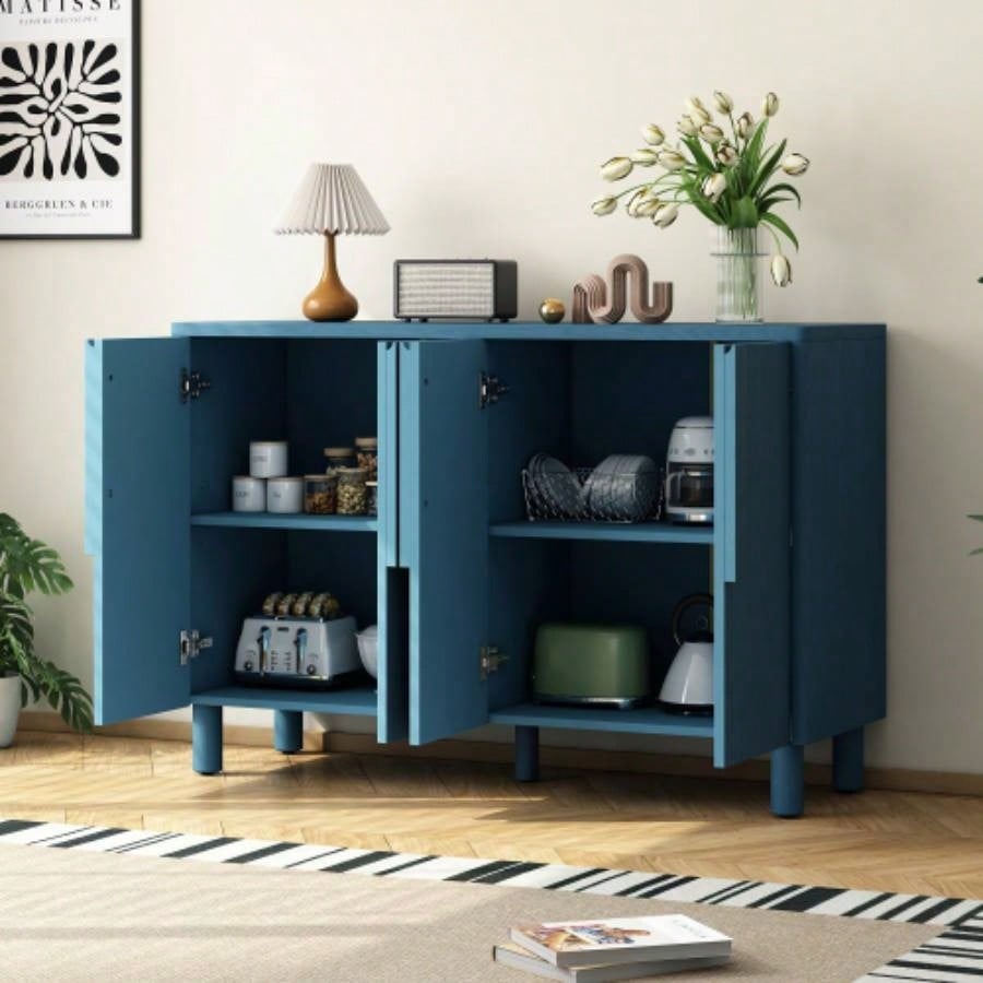 TREXM 4 - Door Buffet Cabinet with Storage, Wood Sideboard Cabinet with Unique Handles and Adjustable Shelves Dining Room, Kitchen, and Living Room Navy