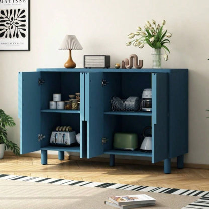 TREXM 4 - Door Buffet Cabinet with Storage, Wood Sideboard Cabinet with Unique Handles and Adjustable Shelves Dining Room, Kitchen, and Living Room Navy