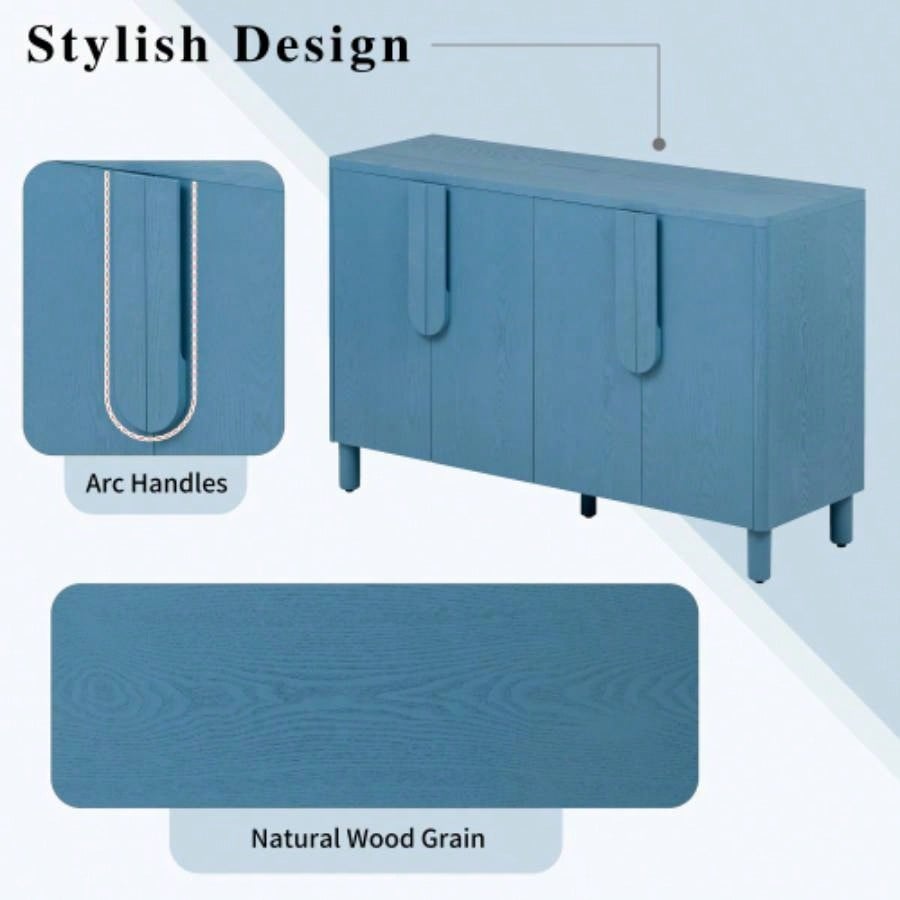 TREXM 4 - Door Buffet Cabinet with Storage, Wood Sideboard Cabinet with Unique Handles and Adjustable Shelves Dining Room, Kitchen, and Living Room Navy