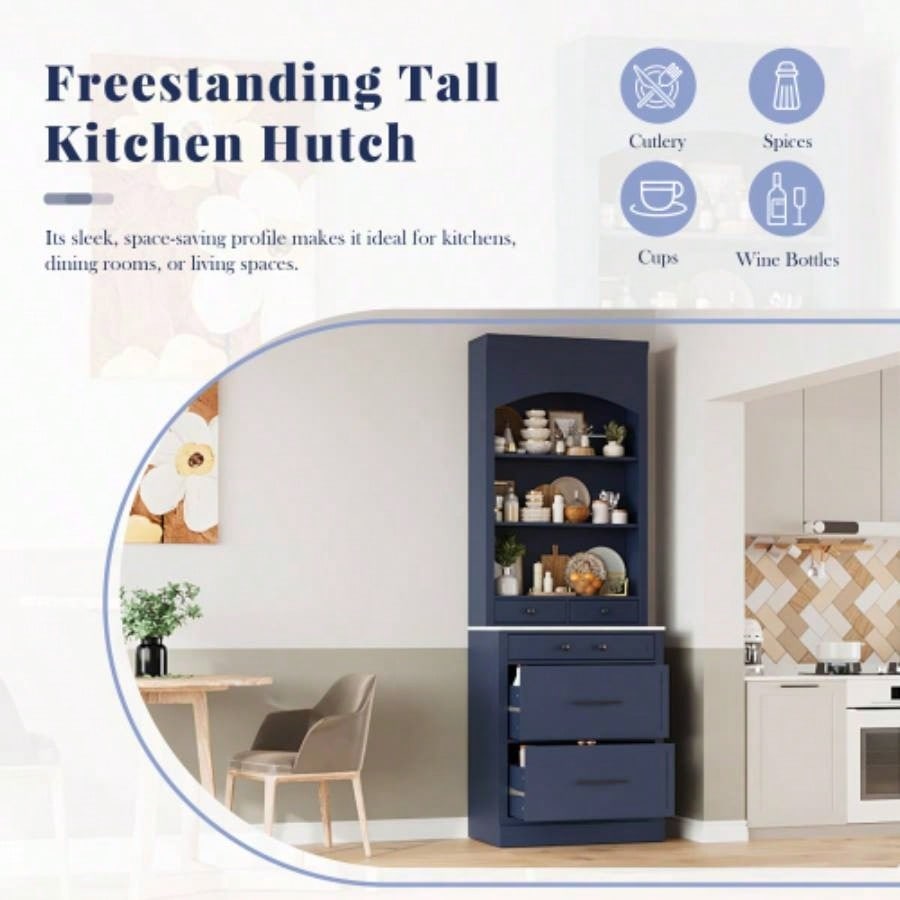 Assembly Video Provided TOPMAX Modern 83.7inch High Kitchen Pantry, Freestanding Tall Kitchen Hutch with Faux Marble Top, Display Cupboard Cabinet with 5 Storage Drawers and Adjustable Shelf, Blue