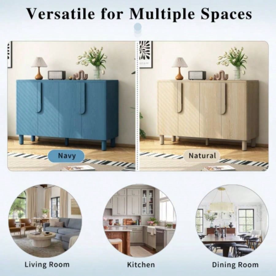 TREXM 4 - Door Buffet Cabinet with Storage, Wood Sideboard Cabinet with Unique Handles and Adjustable Shelves Dining Room, Kitchen, and Living Room Navy