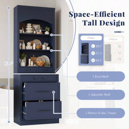 Assembly Video Provided TOPMAX Modern 83.7inch High Kitchen Pantry, Freestanding Tall Kitchen Hutch with Faux Marble Top, Display Cupboard Cabinet with 5 Storage Drawers and Adjustable Shelf, Blue