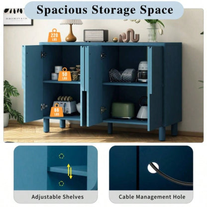 TREXM 4 - Door Buffet Cabinet with Storage, Wood Sideboard Cabinet with Unique Handles and Adjustable Shelves Dining Room, Kitchen, and Living Room Navy