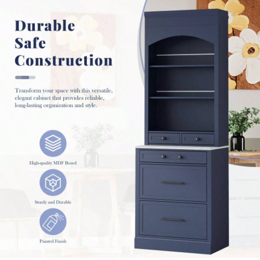 Assembly Video Provided TOPMAX Modern 83.7inch High Kitchen Pantry, Freestanding Tall Kitchen Hutch with Faux Marble Top, Display Cupboard Cabinet with 5 Storage Drawers and Adjustable Shelf, Blue