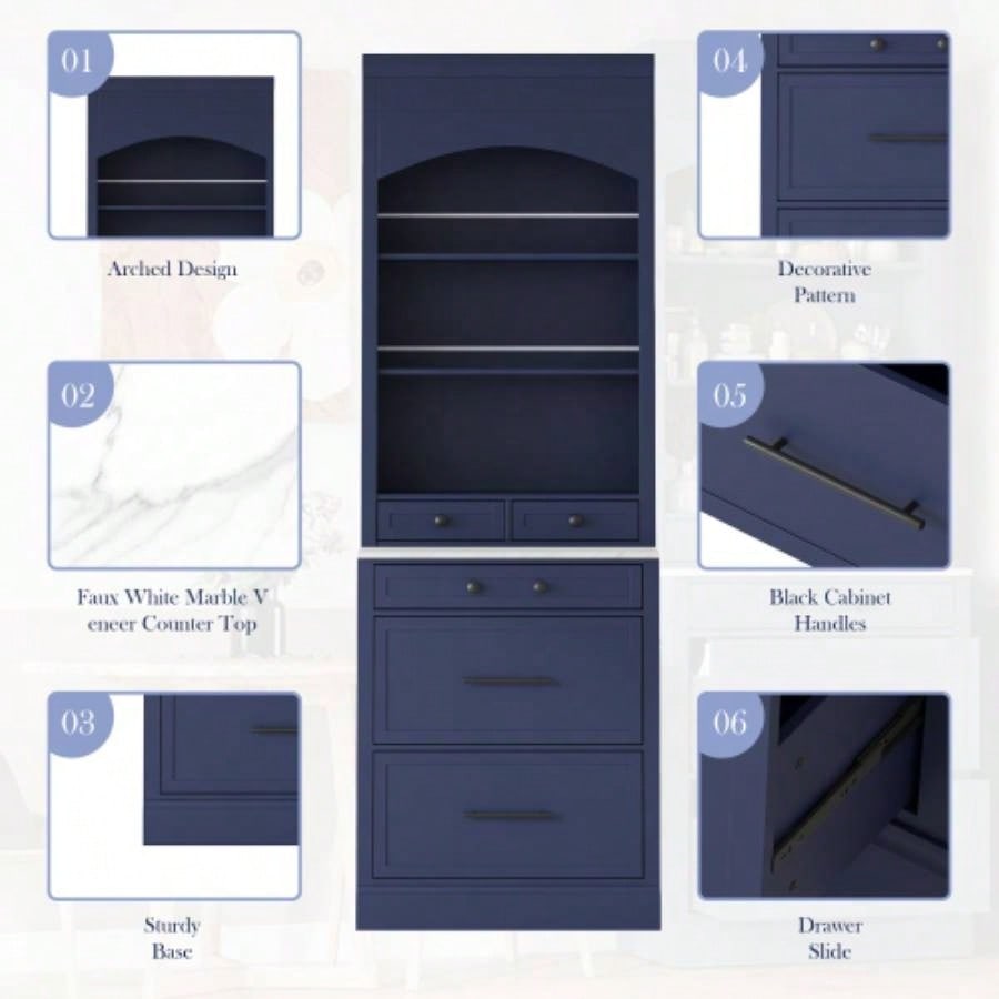 Assembly Video Provided TOPMAX Modern 83.7inch High Kitchen Pantry, Freestanding Tall Kitchen Hutch with Faux Marble Top, Display Cupboard Cabinet with 5 Storage Drawers and Adjustable Shelf, Blue