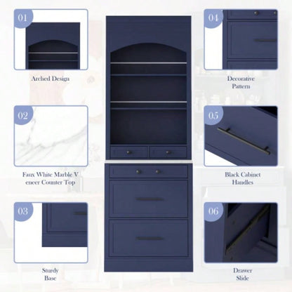 Assembly Video Provided TOPMAX Modern 83.7inch High Kitchen Pantry, Freestanding Tall Kitchen Hutch with Faux Marble Top, Display Cupboard Cabinet with 5 Storage Drawers and Adjustable Shelf, Blue