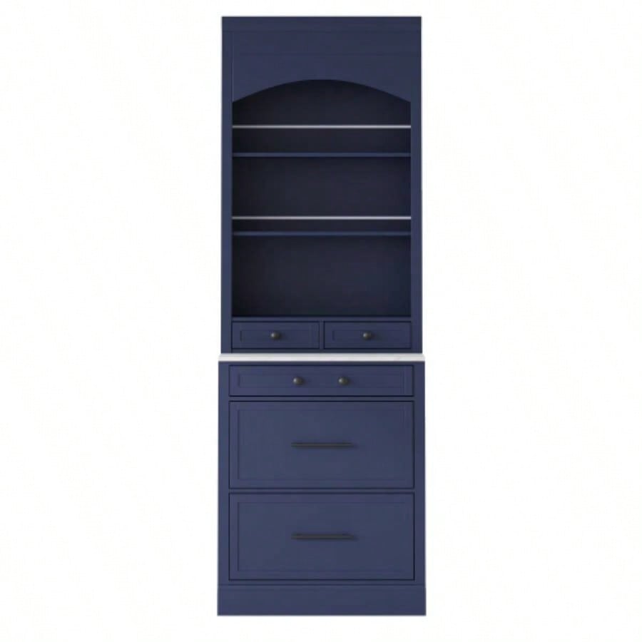 Assembly Video Provided TOPMAX Modern 83.7inch High Kitchen Pantry, Freestanding Tall Kitchen Hutch with Faux Marble Top, Display Cupboard Cabinet with 5 Storage Drawers and Adjustable Shelf, Blue