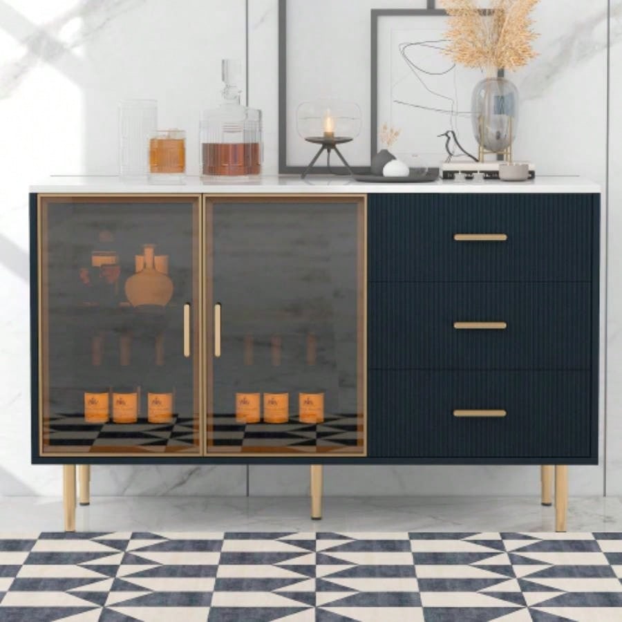 TREXM Modern Sideboard MDF Buffet Cabinet Marble Sticker Tabletop and Amber - yellow Tempered Glass Doors with Gold Metal Handles Navy Blue