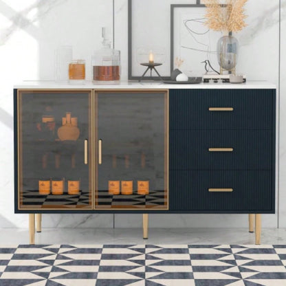 TREXM Modern Sideboard MDF Buffet Cabinet Marble Sticker Tabletop and Amber - yellow Tempered Glass Doors with Gold Metal Handles Navy Blue