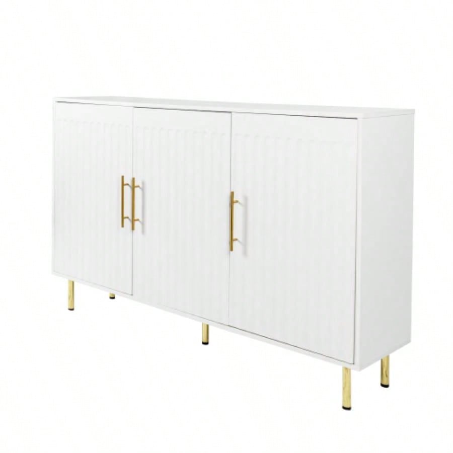 3 - Door Large Storage Sideboard with Gold Handles Kitchen, Dining Room and Living Room. 55.12 Accent White Buffet Cabinet, Coffee Bar Sideboard Cabinet with 3 doors White