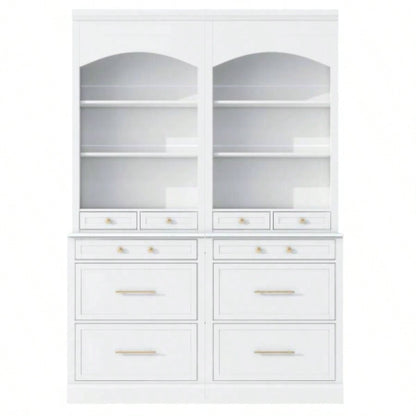 Assembly Video Provided TOPMAX Modern 83.7inch High Kitchen Pantry, Freestanding Tall Kitchen Hutch with Faux Marble Top, Cupboard Cabinet with 5 Storage Drawers and Adjustable Shelf, Set of 2, White