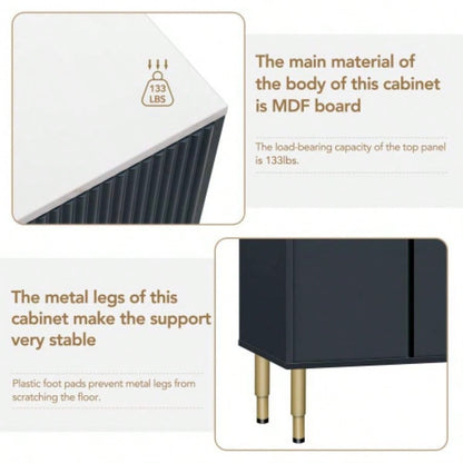 TREXM Modern Sideboard MDF Buffet Cabinet Marble Sticker Tabletop and Amber - yellow Tempered Glass Doors with Gold Metal Handles Navy Blue