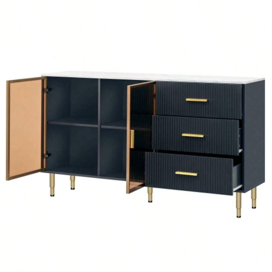 TREXM Modern Sideboard MDF Buffet Cabinet Marble Sticker Tabletop and Amber - yellow Tempered Glass Doors with Gold Metal Handles Navy Blue