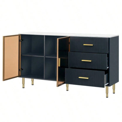 TREXM Modern Sideboard MDF Buffet Cabinet Marble Sticker Tabletop and Amber - yellow Tempered Glass Doors with Gold Metal Handles Navy Blue