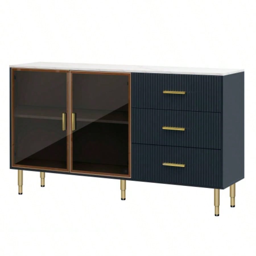 TREXM Modern Sideboard MDF Buffet Cabinet Marble Sticker Tabletop and Amber - yellow Tempered Glass Doors with Gold Metal Handles Navy Blue
