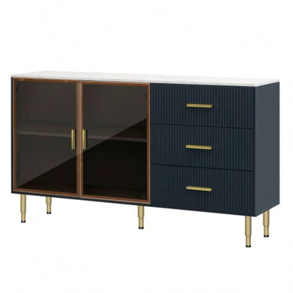 TREXM Modern Sideboard MDF Buffet Cabinet Marble Sticker Tabletop and Amber - yellow Tempered Glass Doors with Gold Metal Handles Navy Blue
