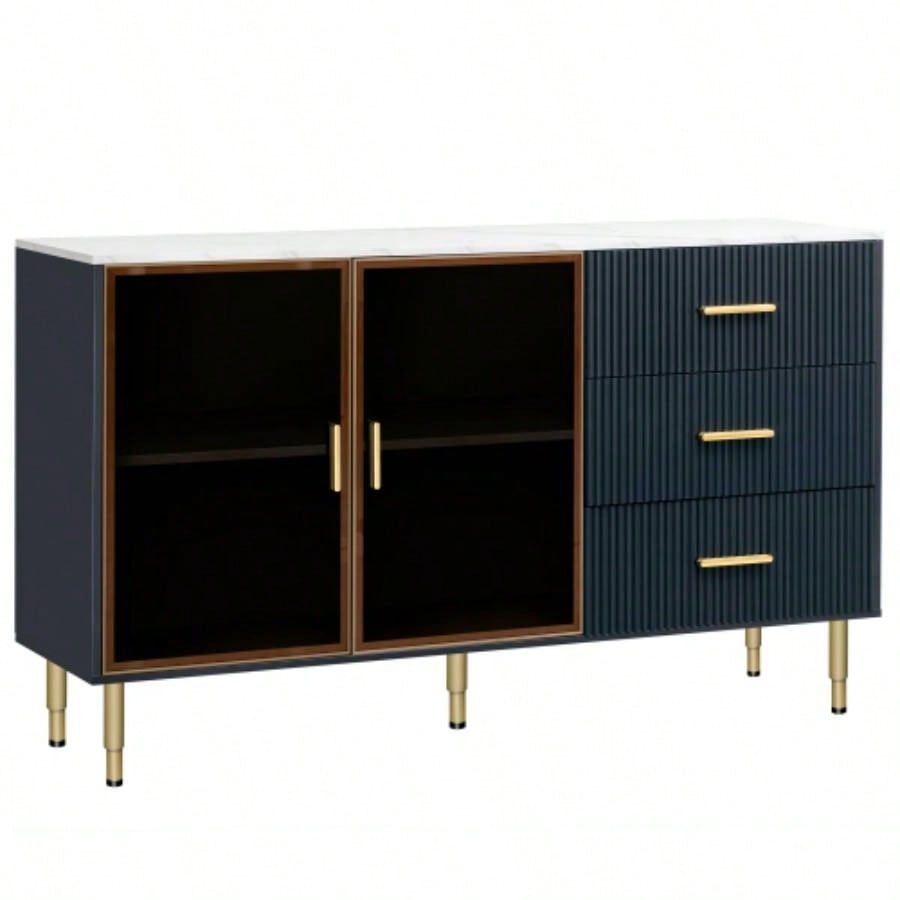 TREXM Modern Sideboard MDF Buffet Cabinet Marble Sticker Tabletop and Amber - yellow Tempered Glass Doors with Gold Metal Handles Navy Blue