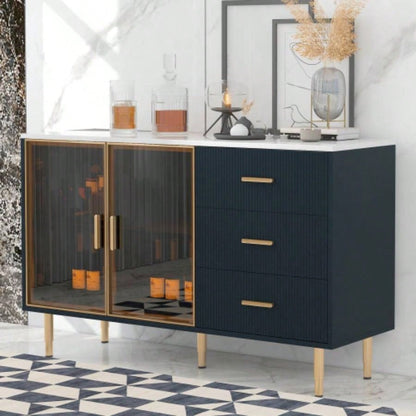 TREXM Modern Sideboard MDF Buffet Cabinet Marble Sticker Tabletop and Amber - yellow Tempered Glass Doors with Gold Metal Handles Navy Blue