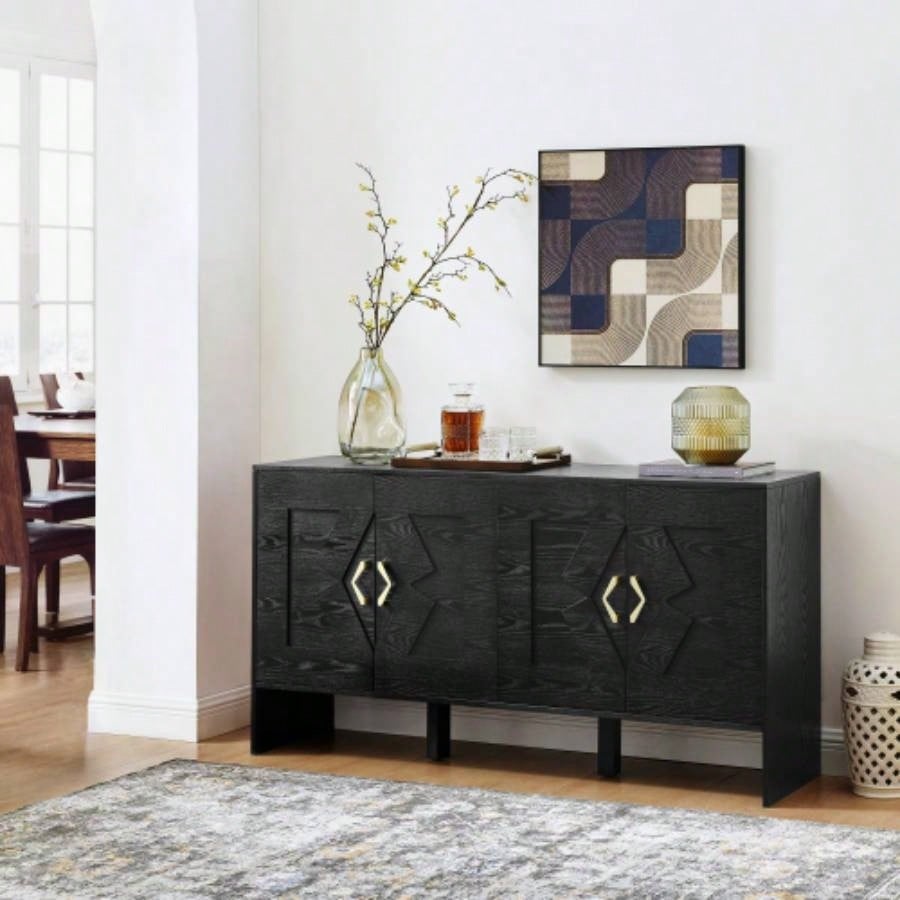 60 Mid Modern Sideboard Buffet Cabinet with Storage, TV Media Console, Storage Cabinet with Geometric Pattern Adjustable Shelves Kitchen Dining Living Room Entryway Hallway, Black