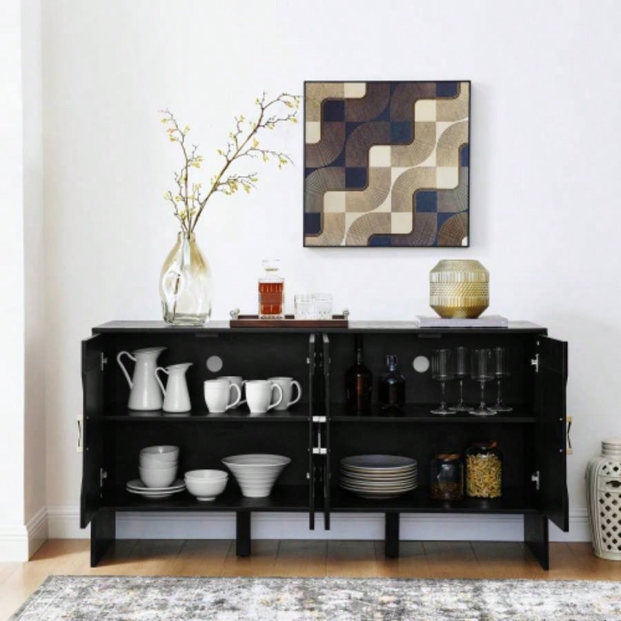 60 Mid Modern Sideboard Buffet Cabinet with Storage, TV Media Console, Storage Cabinet with Geometric Pattern Adjustable Shelves Kitchen Dining Living Room Entryway Hallway, Black