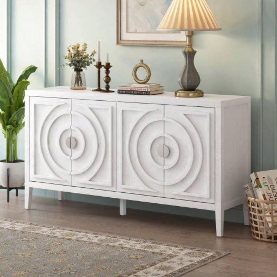 TREXM Retro Sideboard door with Circular Groove Design Round Metal Door Handle Entrance, Dinning Room, Living Room White