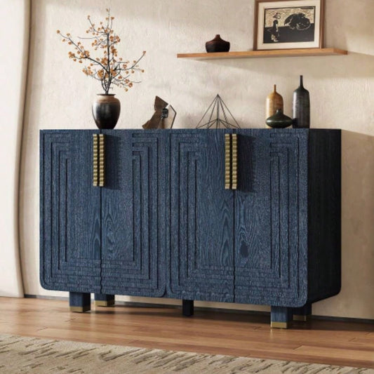 TREXM 54 Retro Buffet Cabinet with Storage, 4 - Door Vintage Fluted Sideboard Cabinet with Adjustable Shelves Dining Room, Kitchen, and Living Room Antique Navy