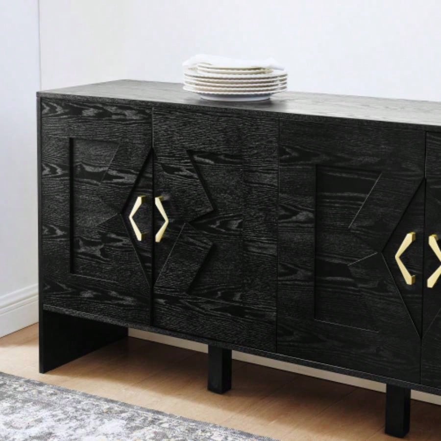 60 Mid Modern Sideboard Buffet Cabinet with Storage, TV Media Console, Storage Cabinet with Geometric Pattern Adjustable Shelves Kitchen Dining Living Room Entryway Hallway, Black