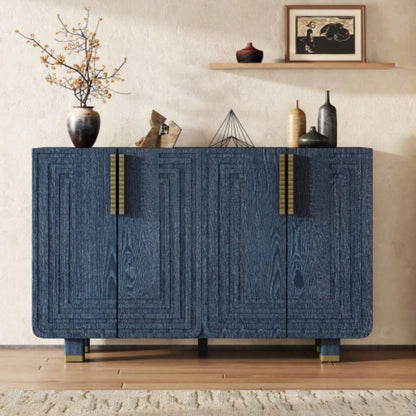 TREXM 54 Retro Buffet Cabinet with Storage, 4 - Door Vintage Fluted Sideboard Cabinet with Adjustable Shelves Dining Room, Kitchen, and Living Room Antique Navy
