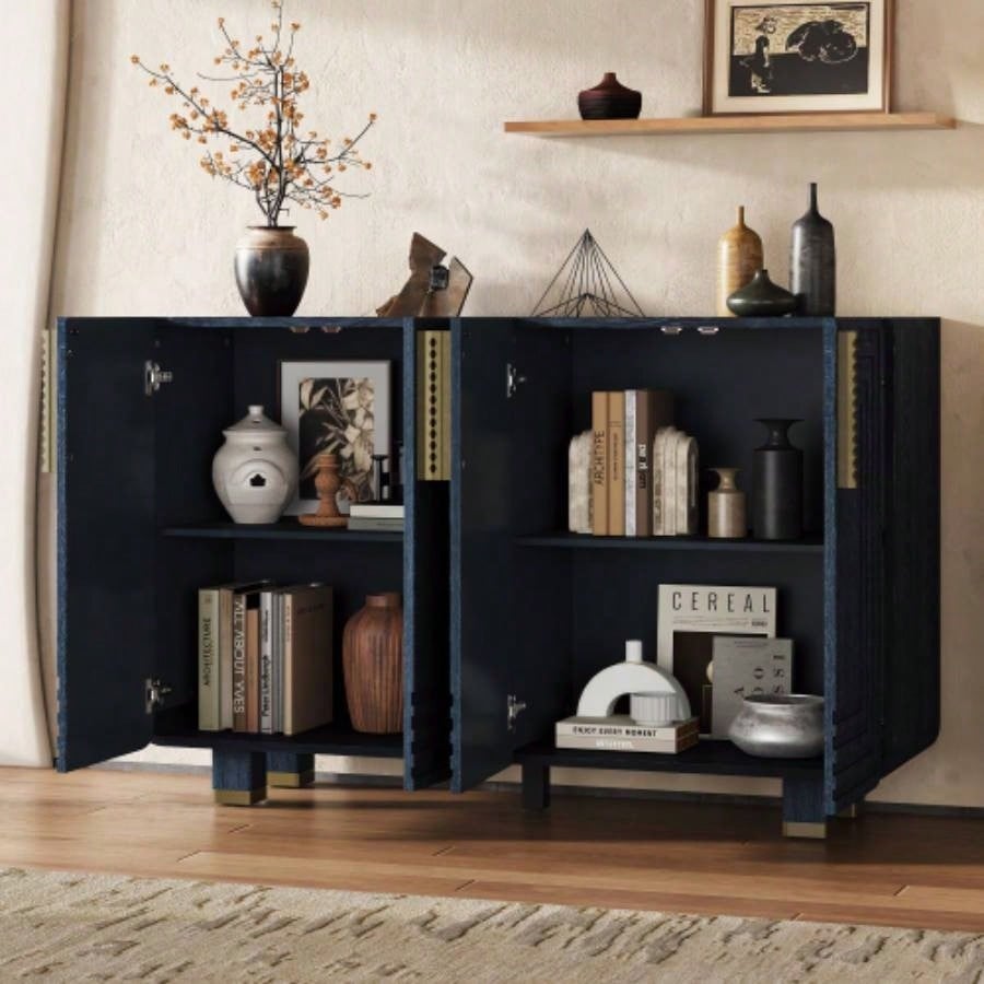 TREXM 54 Retro Buffet Cabinet with Storage, 4 - Door Vintage Fluted Sideboard Cabinet with Adjustable Shelves Dining Room, Kitchen, and Living Room Antique Navy