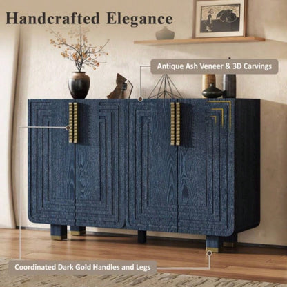 TREXM 54 Retro Buffet Cabinet with Storage, 4 - Door Vintage Fluted Sideboard Cabinet with Adjustable Shelves Dining Room, Kitchen, and Living Room Antique Navy